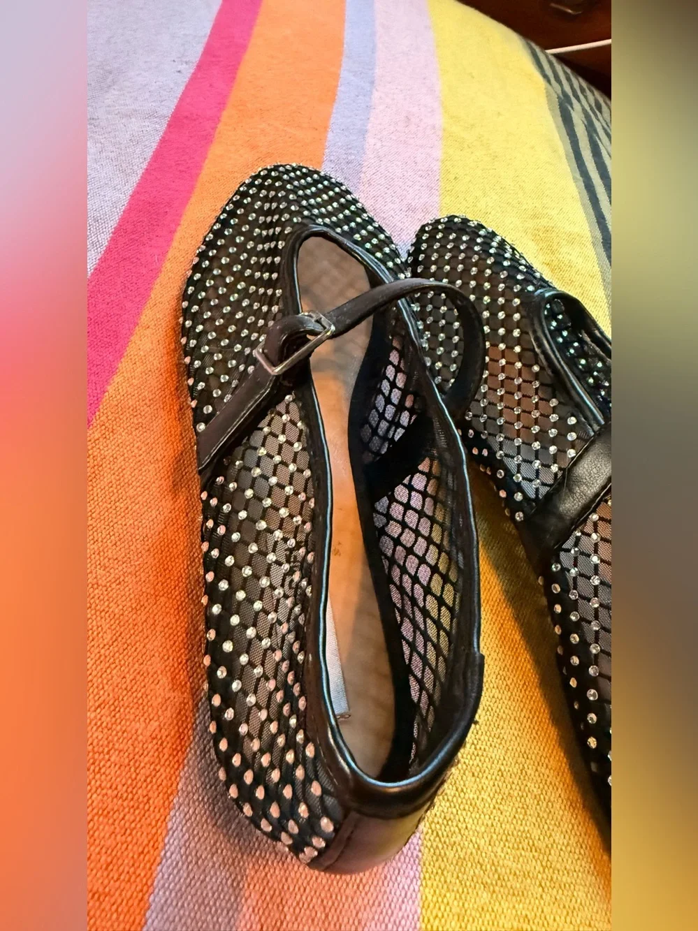 Steve Madden Black Mesh Mary Jane Flats with Crystal Stud Accents